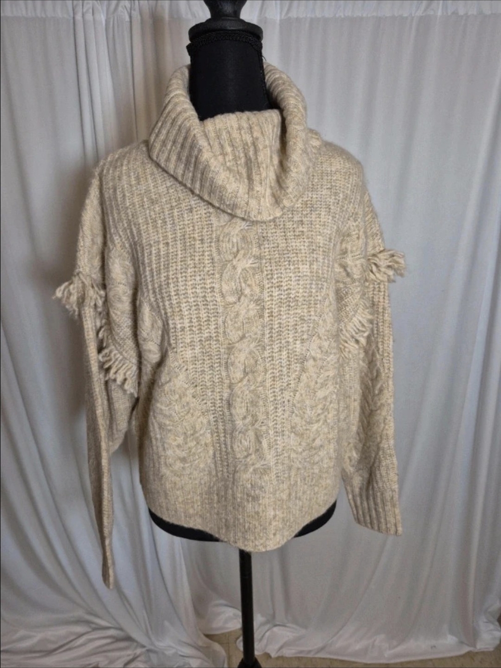 INC International Concepts Cream Cable Knit Turtleneck Sweater with Fringe